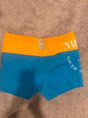 Nautica Orange and Teal Colorblock Swim Trunks